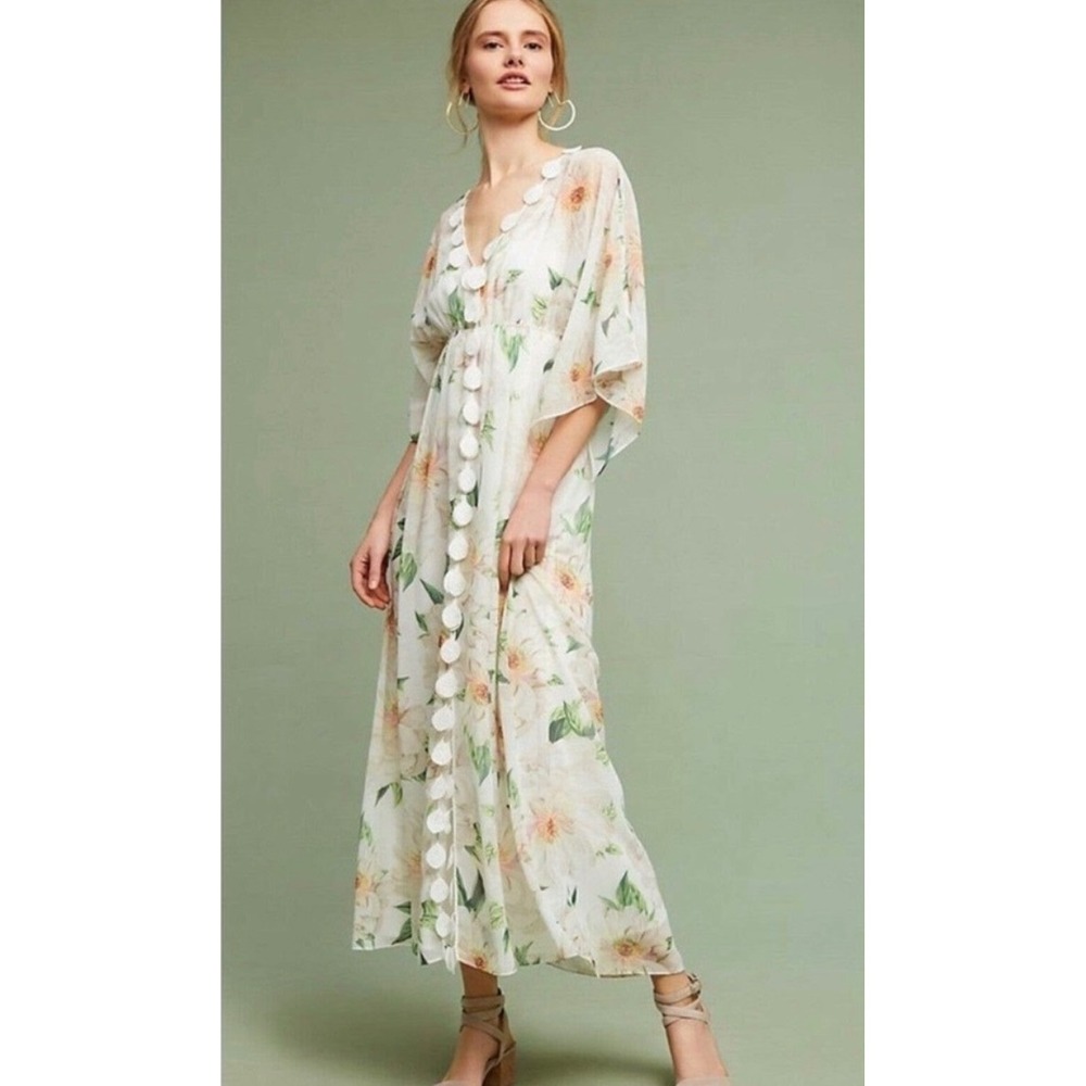 Farm Rio White Floral Maxi Dress Crochet Medallion V-Neck Kimono XS Petite